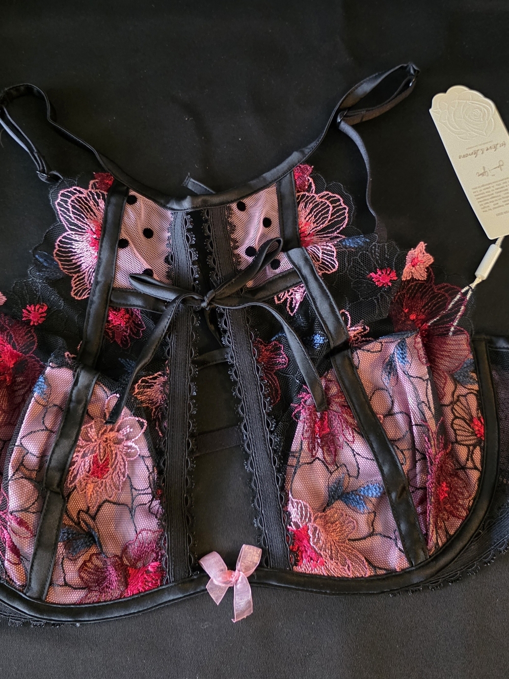 For Love And Lemons Pink and Black Floral Embroidered Underwire Bra - Picture 2 of 4